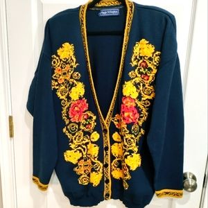 Vintage Maggie McNaughton women's blue cardigan red gold around opening …